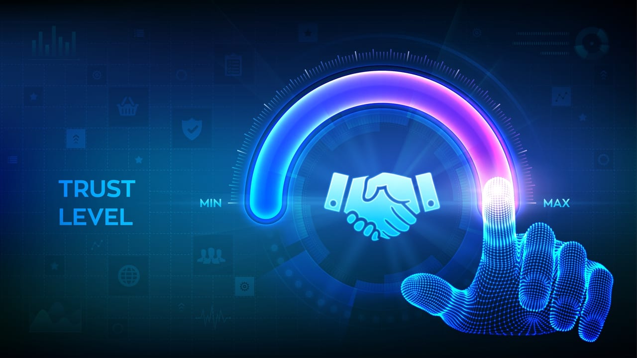 A digital trust-level dial being turned from minimum towards maximum, with a handshake icon at the centre
